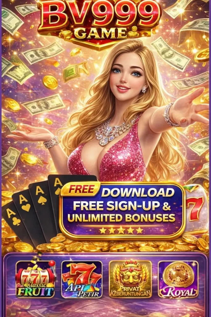 BV999 Game promotional image with golden and slot machine games
